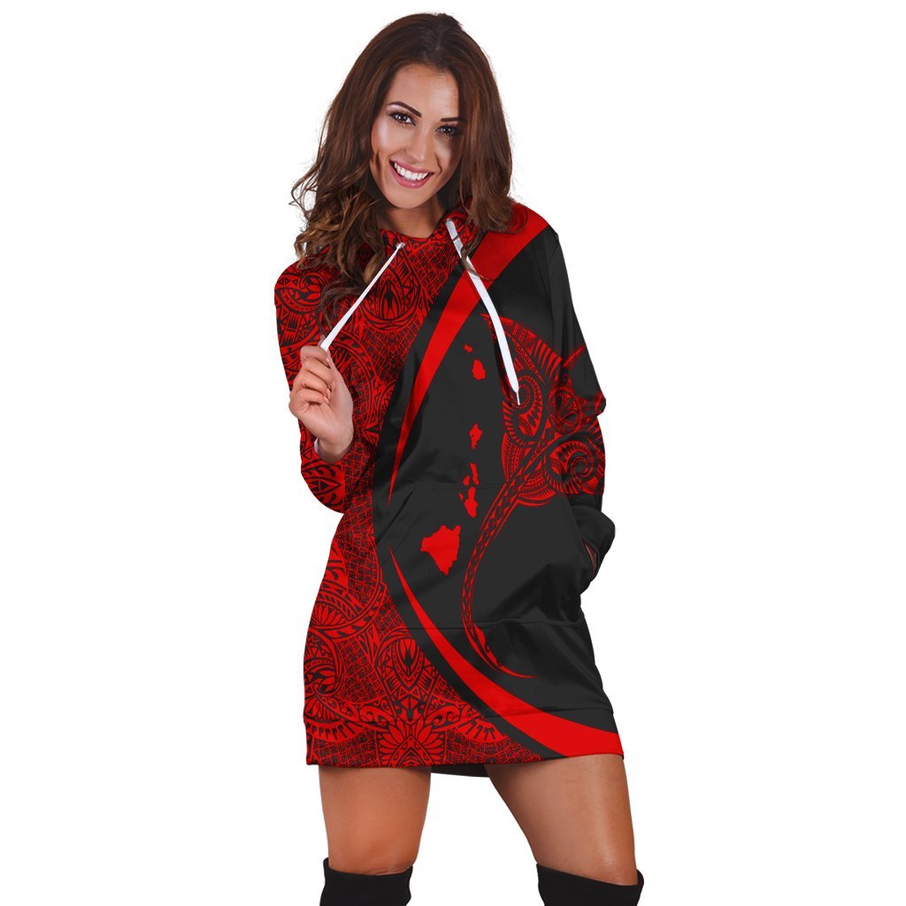 Hawaiian Map Manta Ray Polynesian Hoodie Dress - Red - AH - Polynesian Pride