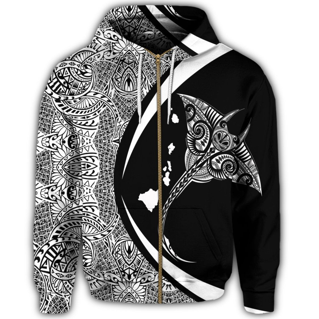 Hawaiian Map Manta Ray Polynesian Zip Hoodie White Circle Style - Polynesian Pride