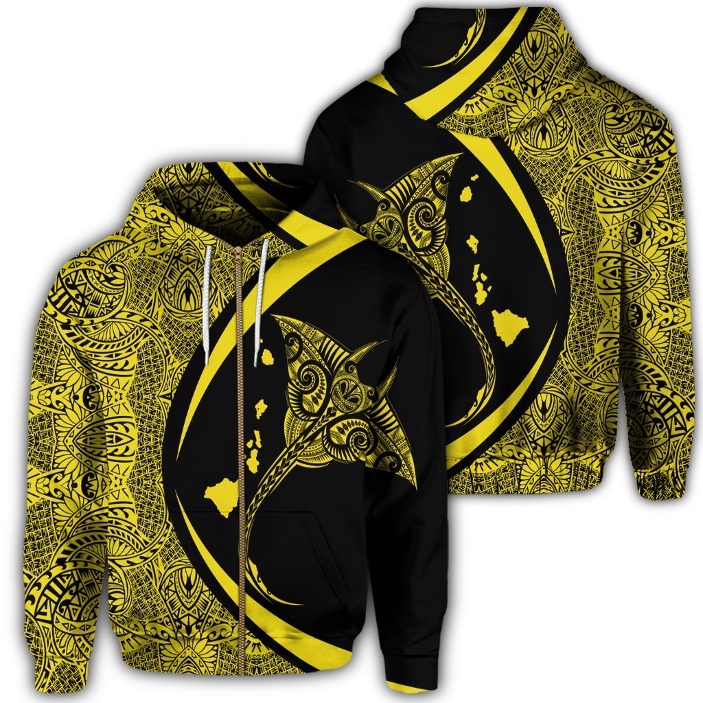 Hawaiian Map Manta Ray Polynesian Zip Hoodie Yellow Circle Style Unisex Art - Polynesian Pride