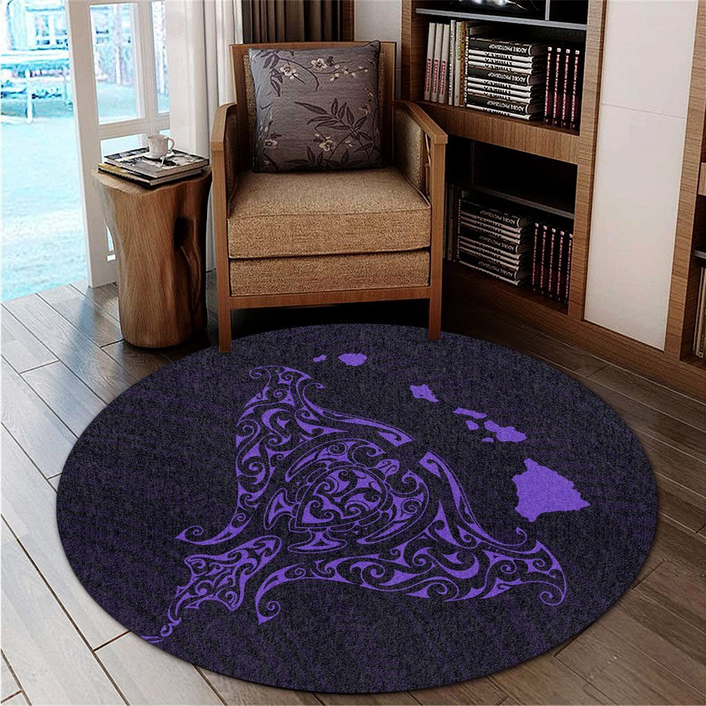 Hawaiian Map Manta Ray Purple Polynesian Round Carpet - AH - Polynesian Pride