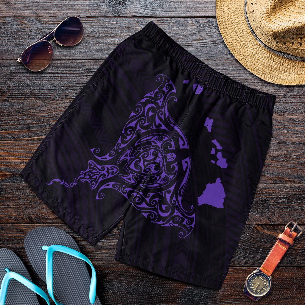 Hawaiian Map Manta Ray Purple Polynesian Men's Shorts - AH Art - Polynesian Pride