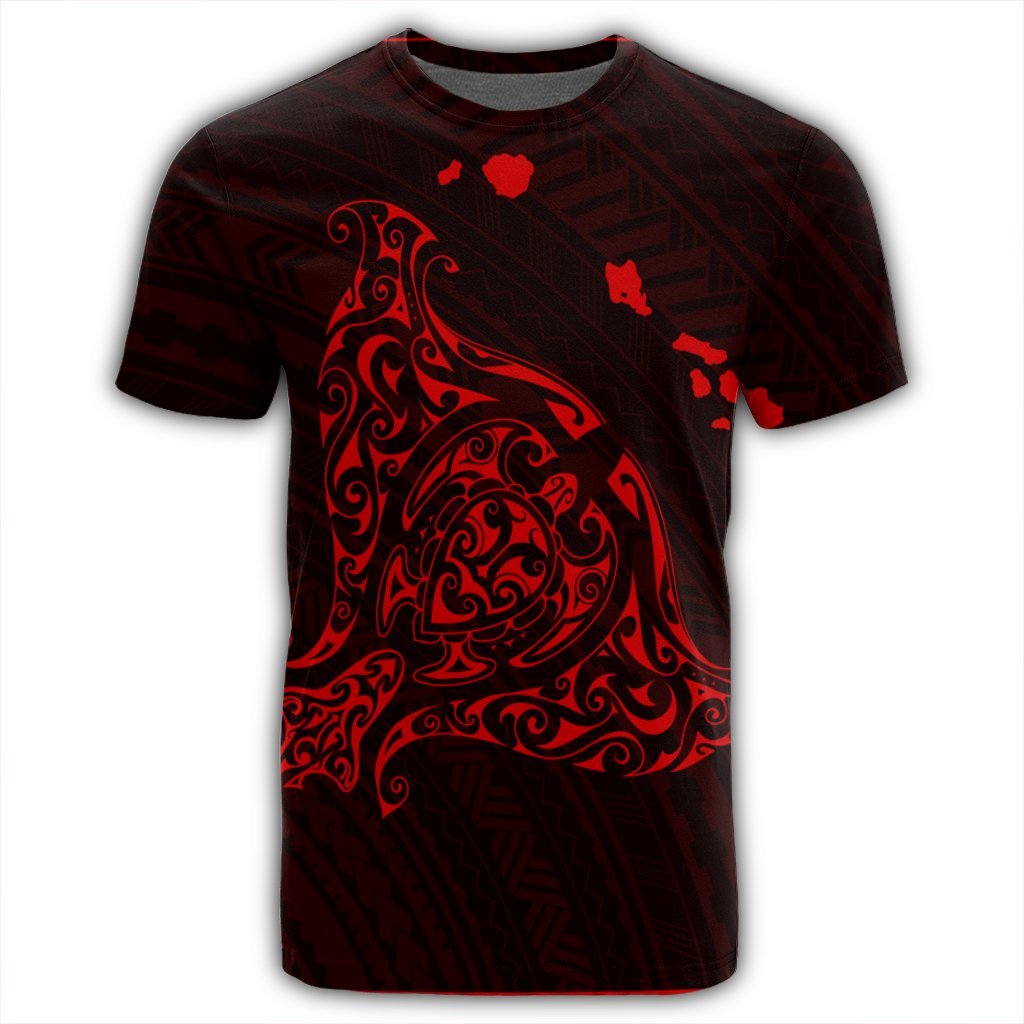 Hawaiian Map Manta Ray Red Polynesian T Shirt - Polynesian Pride