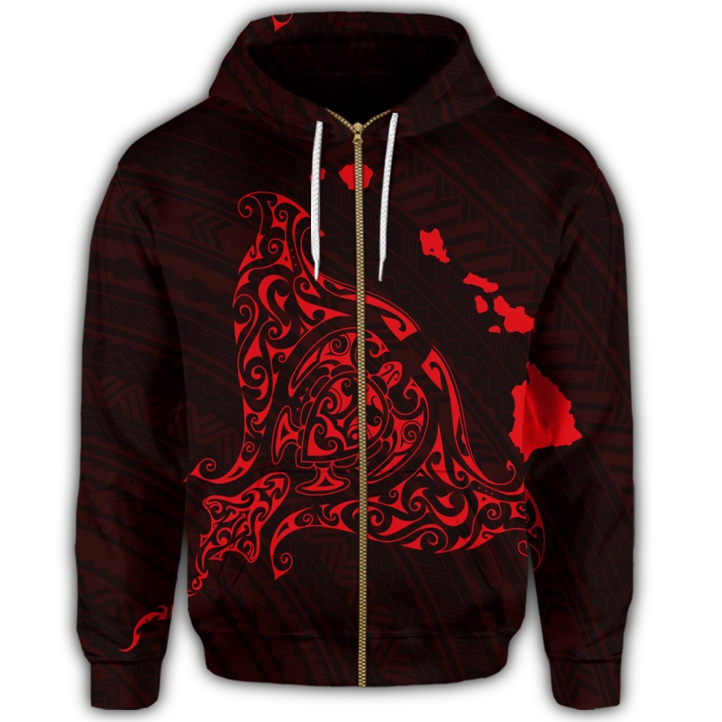 Hawaiian Map Manta Ray Red Polynesian Zip Hoodie - Polynesian Pride