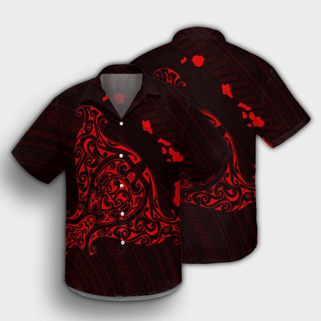 Hawaiian Map Manta Ray Red Polynesian Hawaiian Shirt - AH - Polynesian Pride