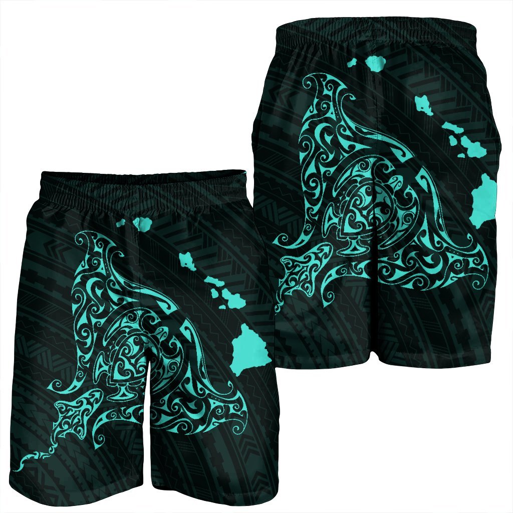 Hawaiian Map Manta Ray Turquoise Polynesian Men's Shorts - AH - Polynesian Pride