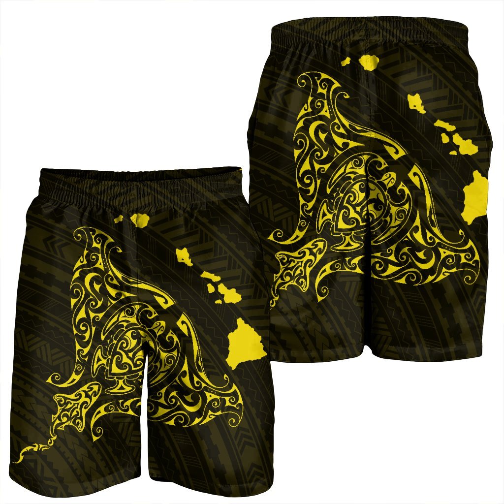 Hawaiian Map Manta Ray Yellow Polynesian Men's Shorts - AH - Polynesian Pride