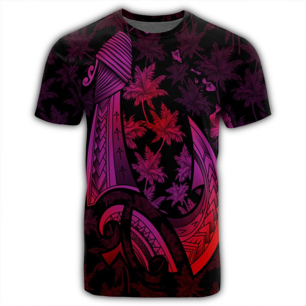 Hawaiian Map Palm Trees Fish Hook Polynesian T Shirt Colorful Red - Polynesian Pride