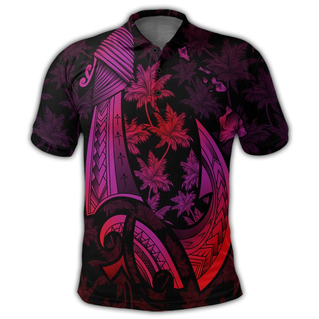 Hawaiian Map Palm Trees Fish Hook Polynesian Polo Shirt Colorful Red - Polynesian Pride