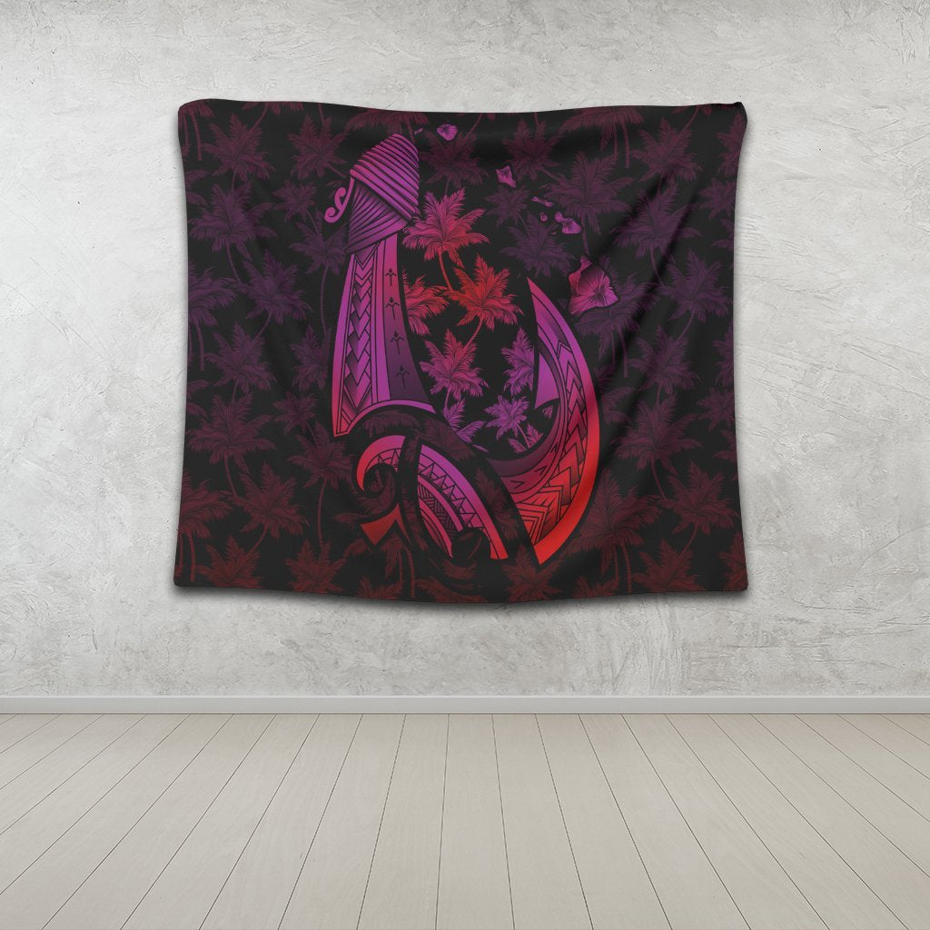 Hawaiian Map Palm Trees Fish Hook Polynesian Tapestry Colorful Red - AH - Polynesian Pride