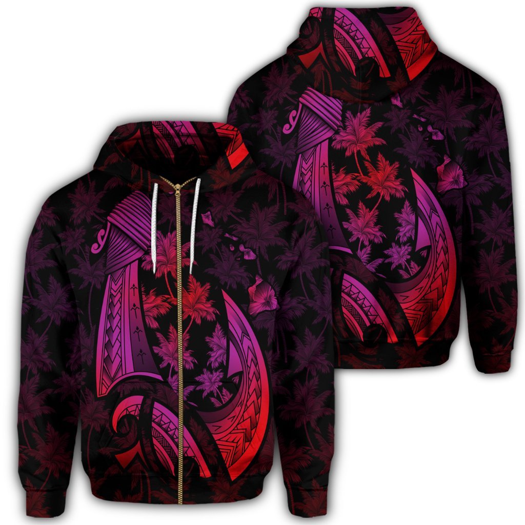 Hawaiian Map Palm Trees Fish Hook Polynesian Zip Hoodie Colorful Red Unisex Art - Polynesian Pride