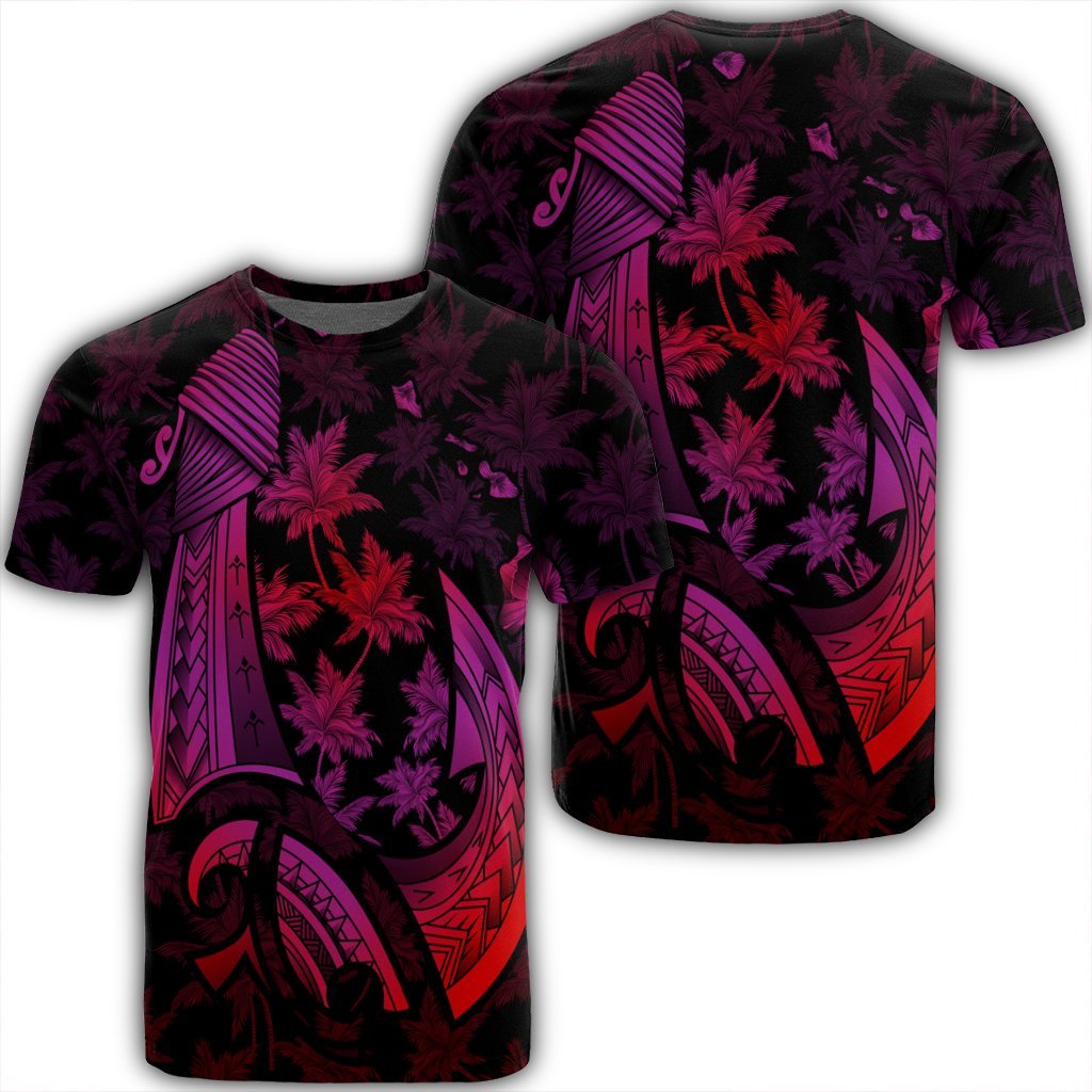 Hawaiian Map Palm Trees Fish Hook Polynesian T Shirt Colorful Red Unisex Black - Polynesian Pride