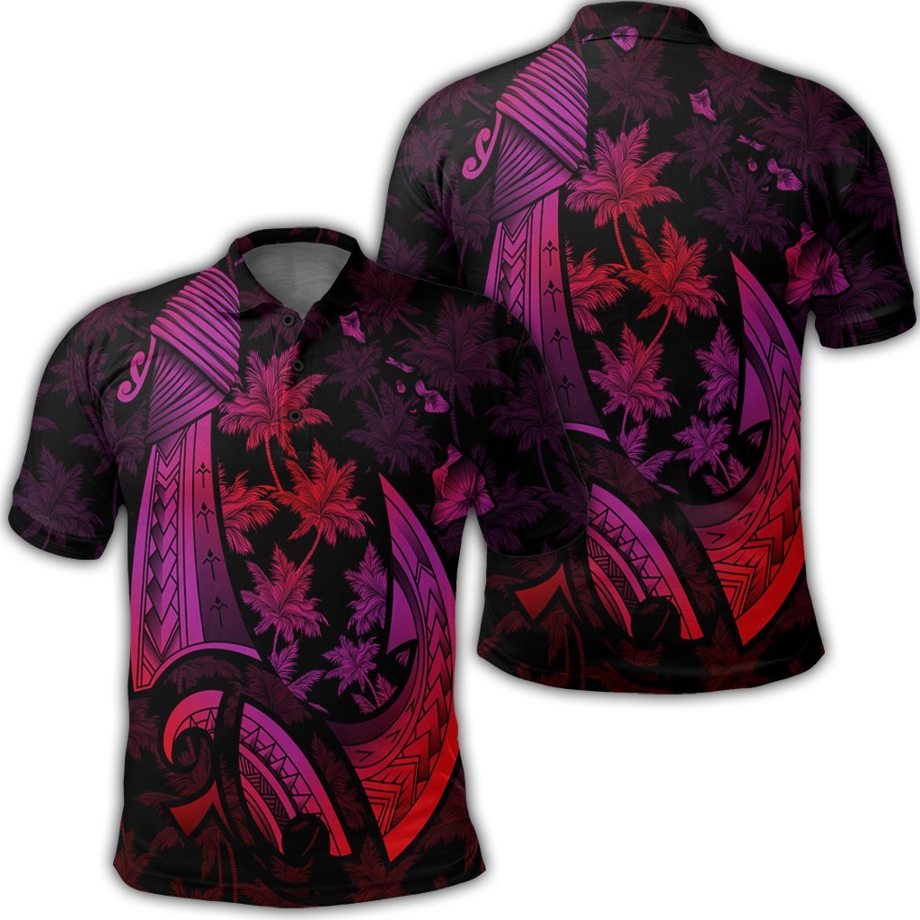 Hawaiian Map Palm Trees Fish Hook Polynesian Polo Shirt Colorful Red Unisex Black - Polynesian Pride