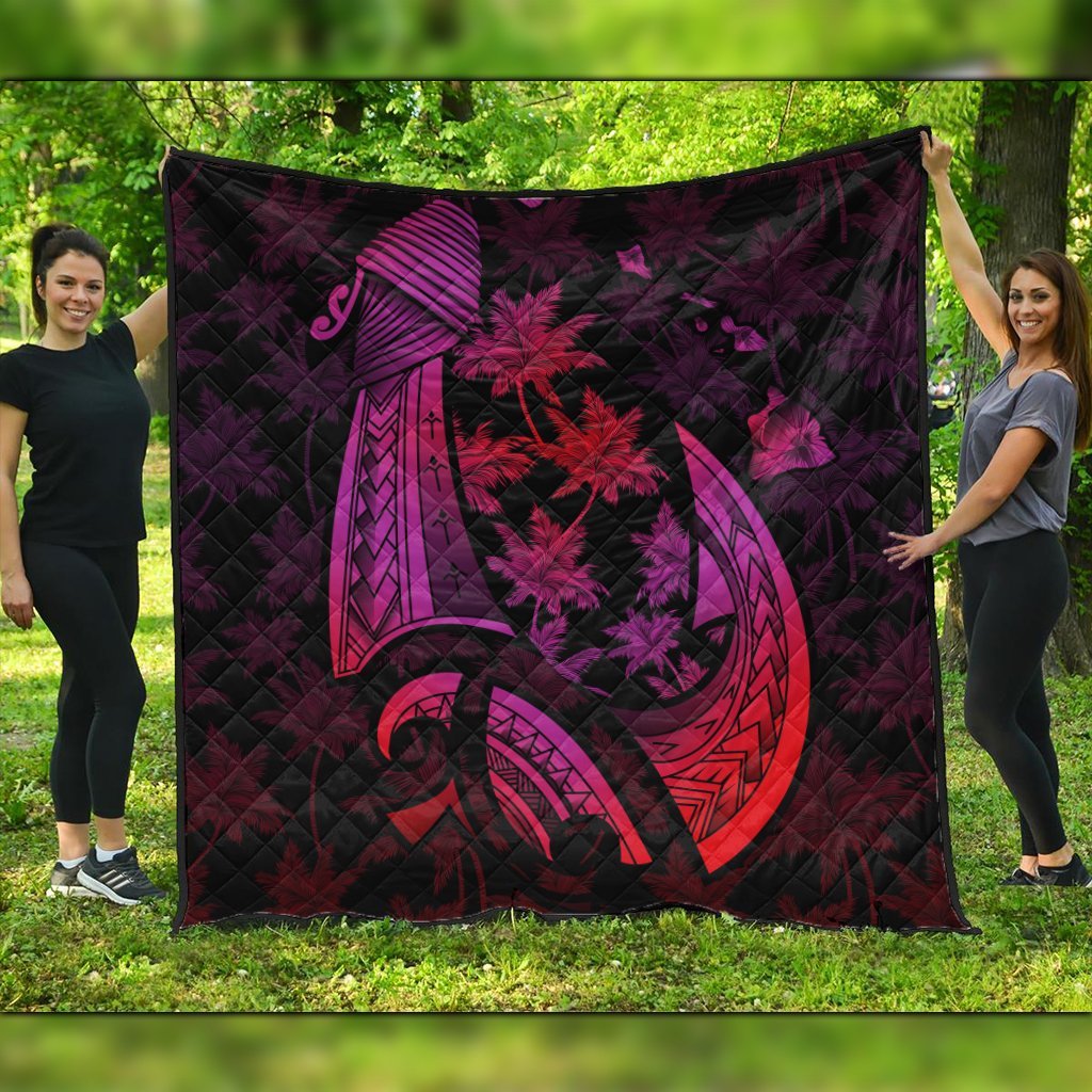 Hawaiian Map Palm Trees Fish Hook Polynesian Premium Quilts Colorful Red - AH Black - Polynesian Pride