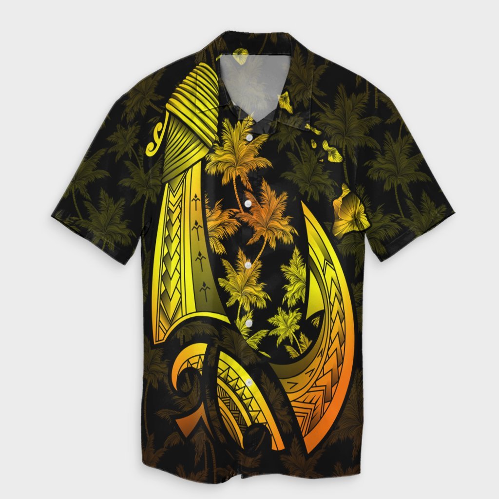 Hawaiian Map Palm Trees Fish Hook Polynesian Hawaiian Shirt Colorful Yellow - AH Unisex Black - Polynesian Pride