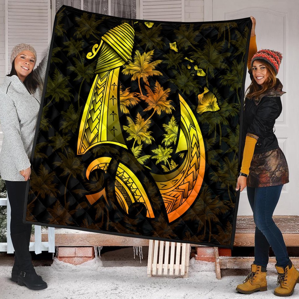 Hawaiian Map Palm Trees Fish Hook Polynesian Premium Quilts Colorful Yellow - AH - Polynesian Pride
