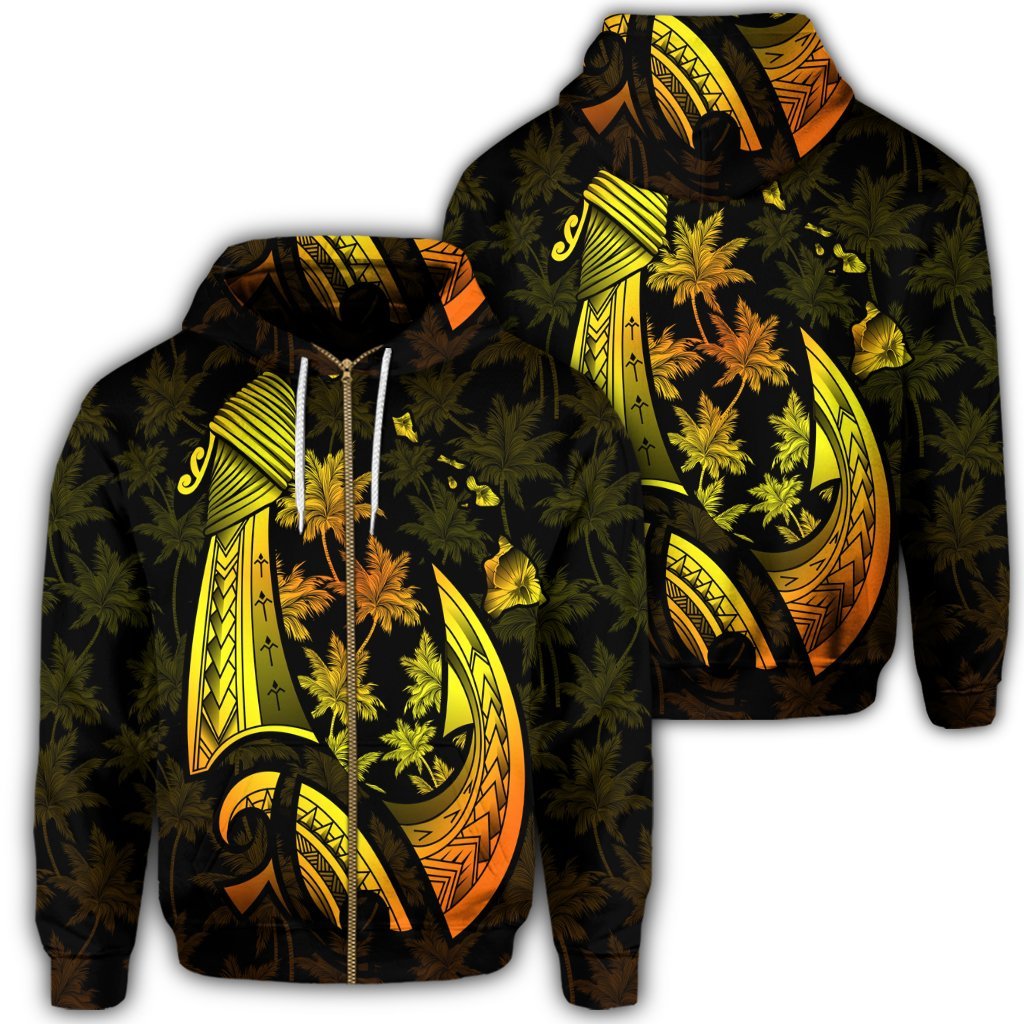 Hawaiian Map Palm Trees Fish Hook Polynesian Zip Hoodie Colorful Yellow Unisex Art - Polynesian Pride