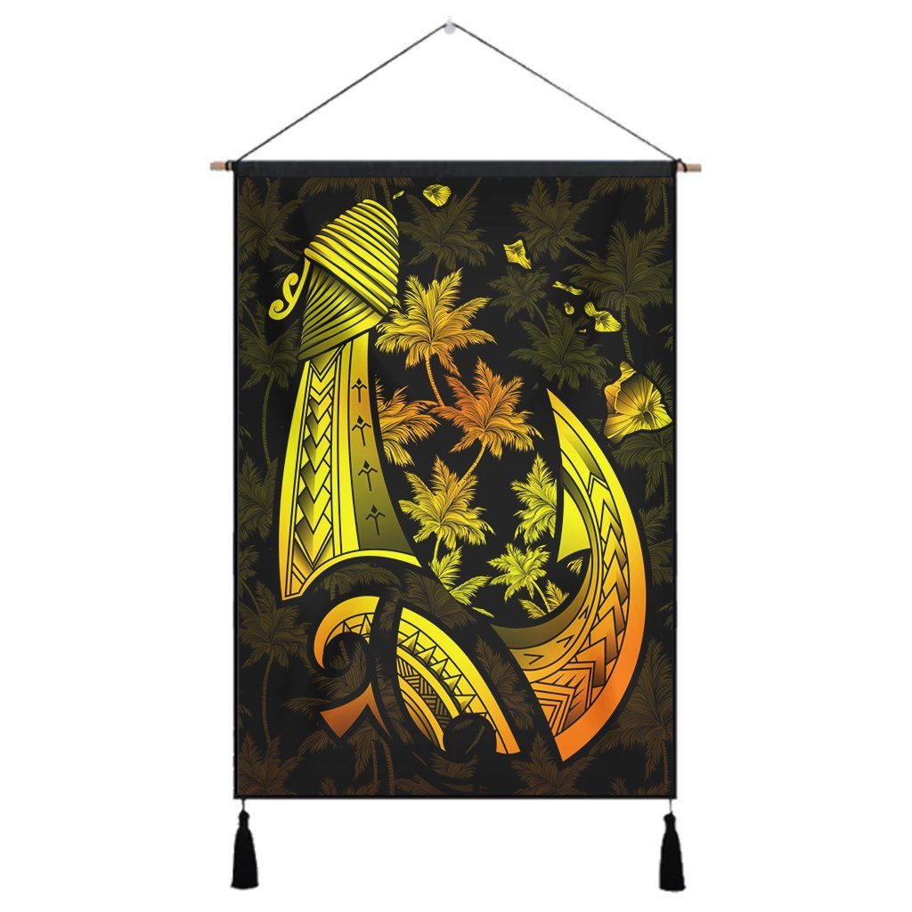 Hawaiian Map Palm Trees Fish Hook Polynesian Hanging Poster Colorful Yellow - AH Hanging Poster Cotton And Linen - Polynesian Pride