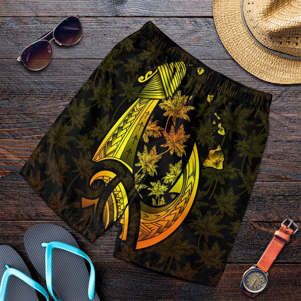 Hawaiian Map Palm Trees Fish Hook Polynesian Men's Shorts Colorful Yellow - AH Art - Polynesian Pride