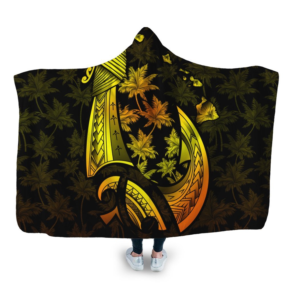 Hawaiian Map Palm Trees Fish Hook Polynesian Hooded Blanket Colorful Yellow - AH Hooded Blanket White - Polynesian Pride