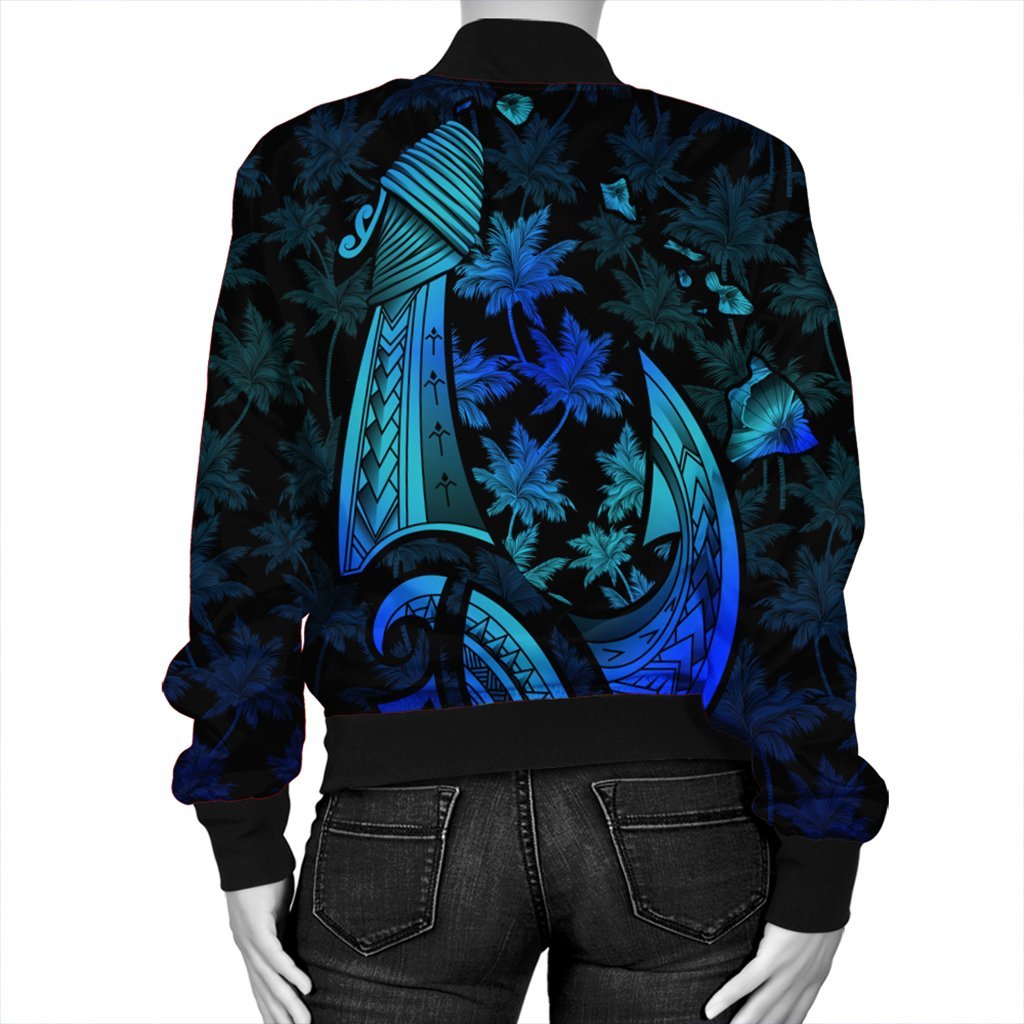 Hawaiian Map Palm Trees Fish Hook Polynesian Quilt Bomber Jacket Colorful Blue - AH - Polynesian Pride