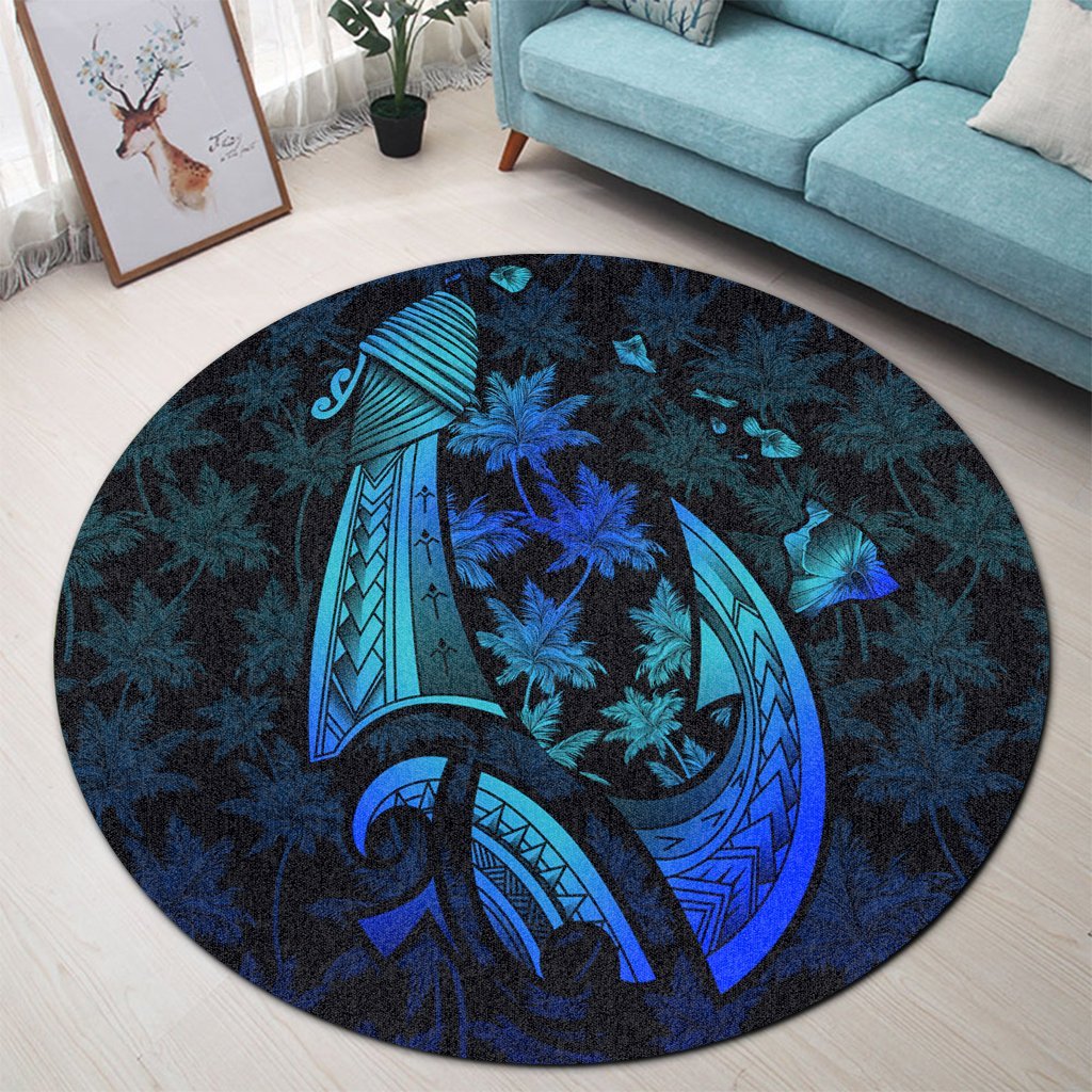 Hawaiian Map Palm Trees Fish Hook Polynesian Quilt Round Carpet Colorful Blue - AH - Polynesian Pride