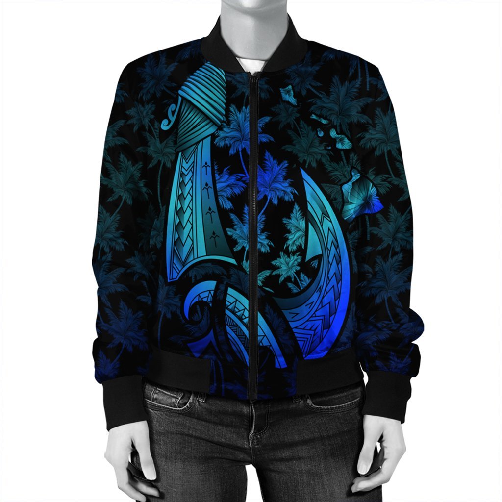 Hawaiian Map Palm Trees Fish Hook Polynesian Quilt Bomber Jacket Colorful Blue - AH - Polynesian Pride