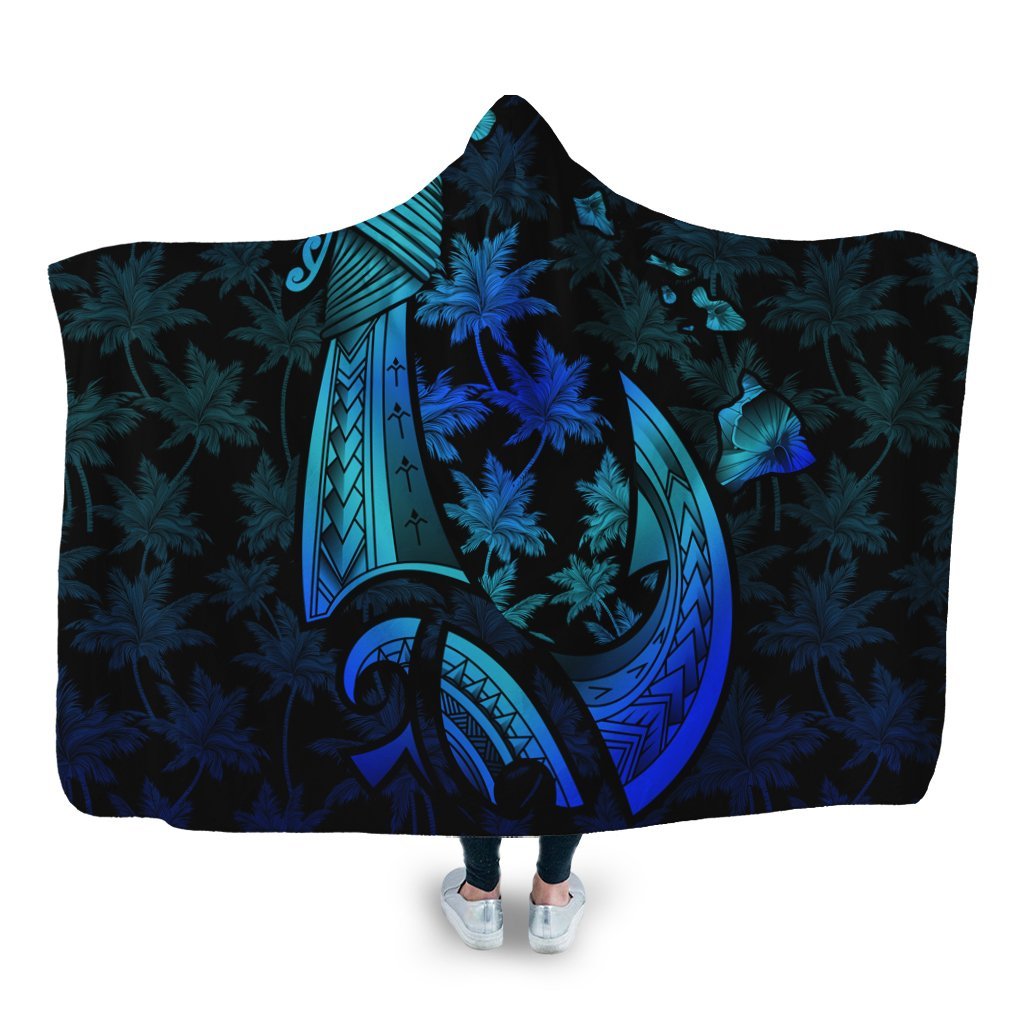 Hawaiian Map Palm Trees Fish Hook Polynesian Quilt Hooded Blanket Colorful Blue - AH Hooded Blanket White - Polynesian Pride