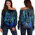 Hawaiian Map Palm Trees Fish Hook Polynesian Quilt Women's Off Shoulder Sweater Colorful Blue - AH Black - Polynesian Pride