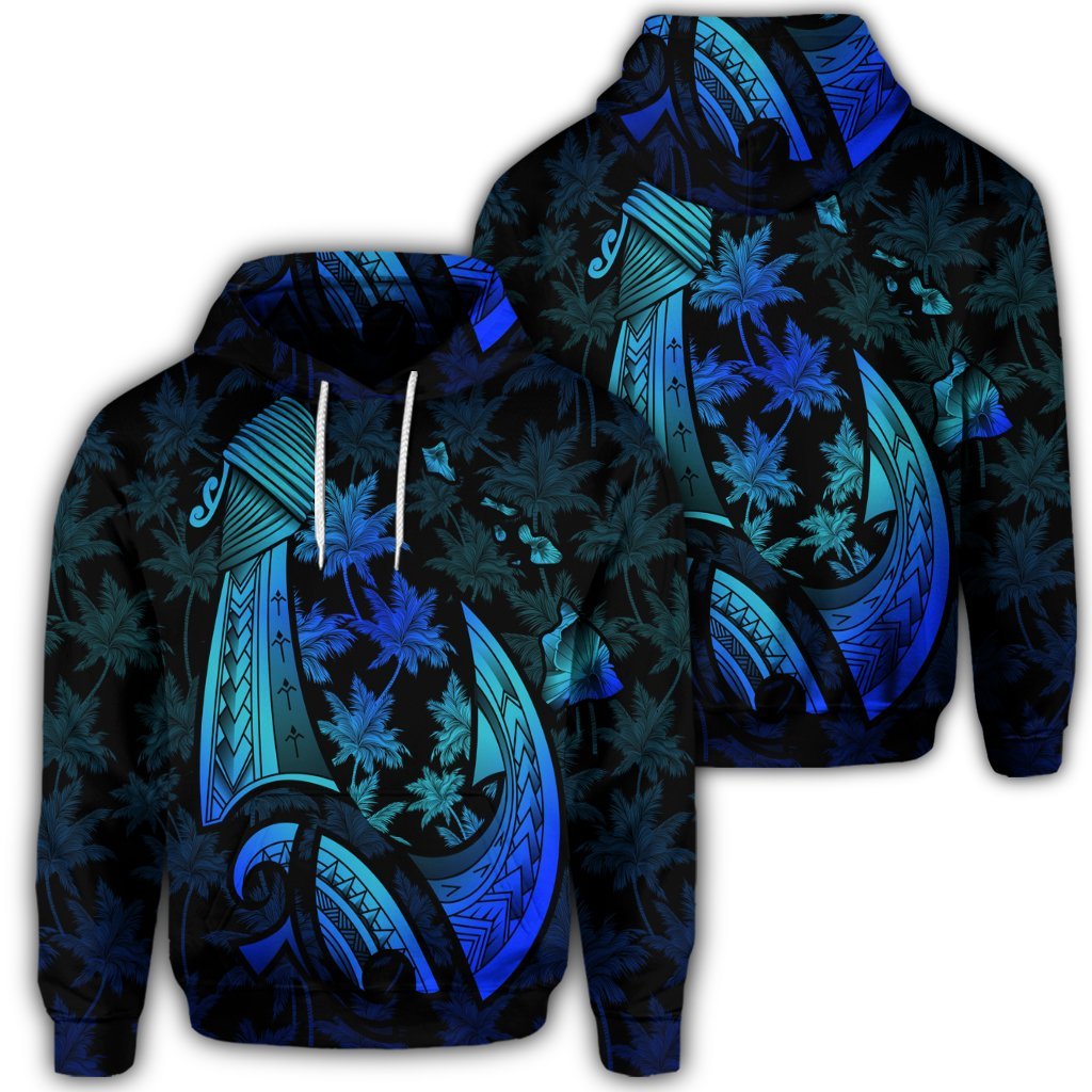 Hawaiian Map Palm Trees Fish Hook Polynesian Quilt Hoodie Colorful Blue Unisex Art - Polynesian Pride