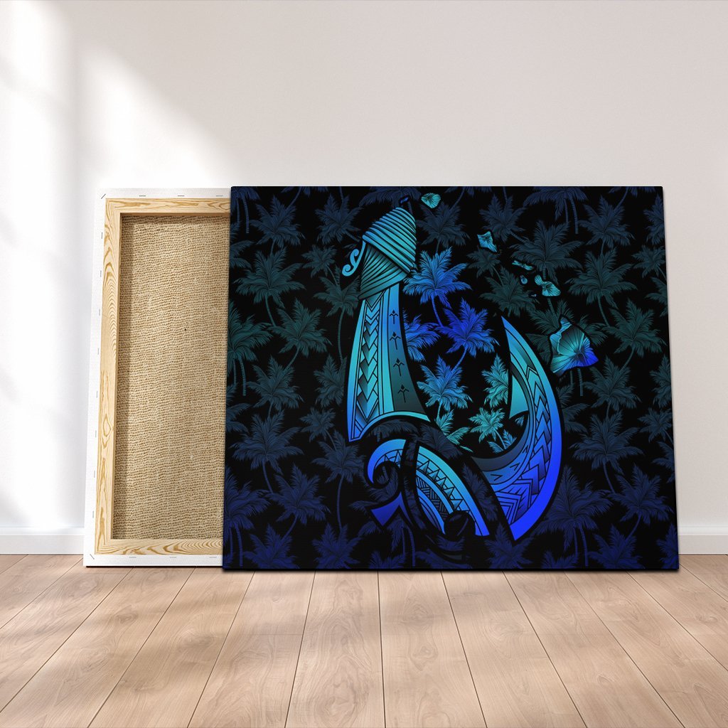 Hawaiian Map Palm Trees Fish Hook Polynesian Quilt Canvas Colorful Blue - AH Canvas Poly-cotton - Polynesian Pride