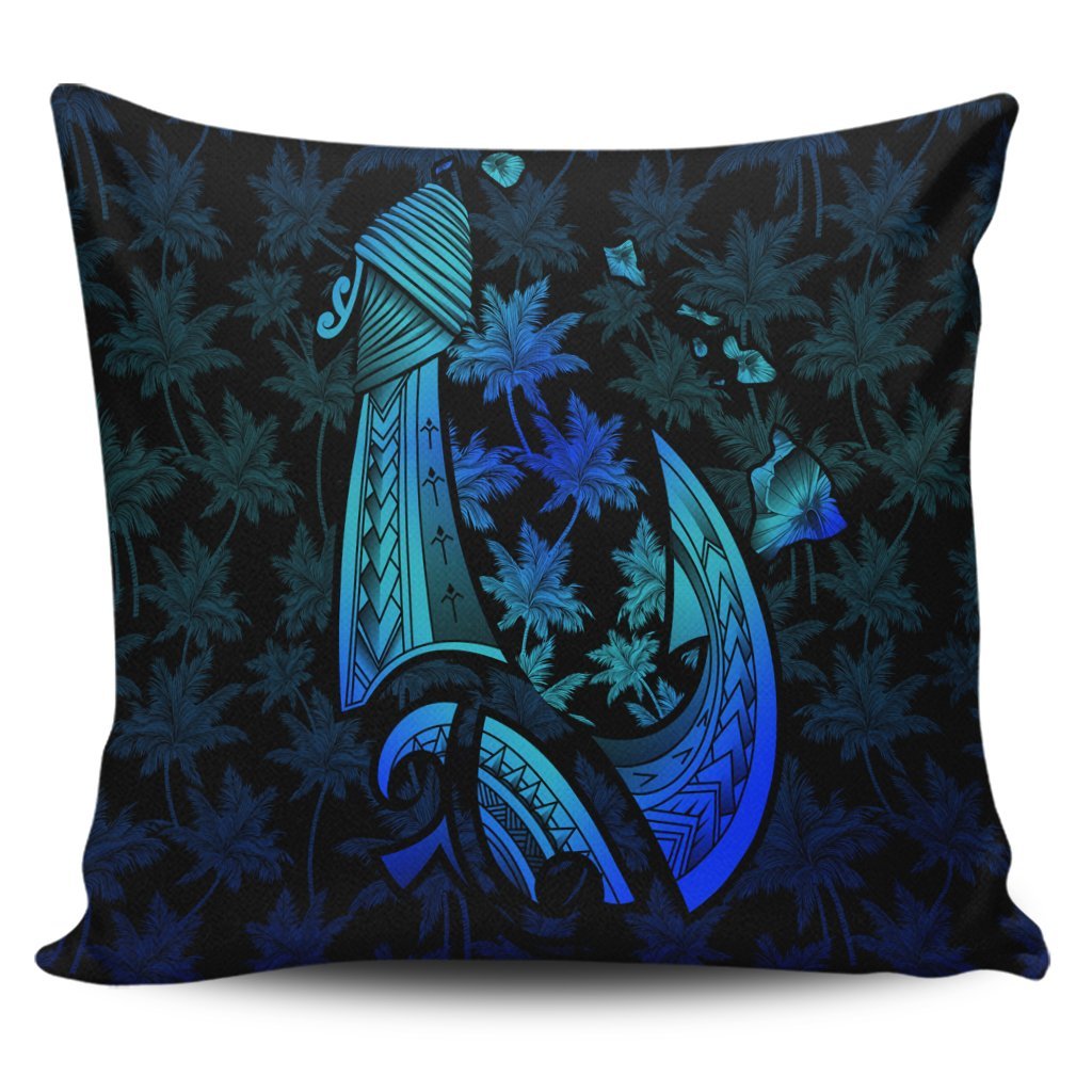 Hawaiian Map Palm Trees Fish Hook Polynesian Quilt Pillow Covers Colorful Blue - AH Pillow Covers Black - Polynesian Pride