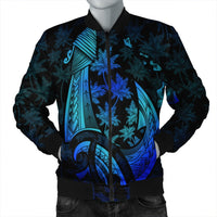 Hawaiian Map Palm Trees Fish Hook Polynesian Quilt Bomber Jacket Colorful Blue - AH Black Unisex - Polynesian Pride
