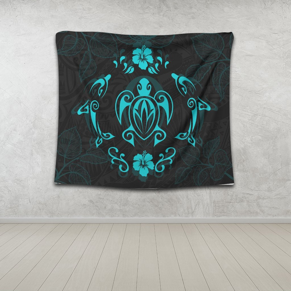 Hawaiian Map Turtle Dolphin With Plumeria Tapestry - AH - Polynesian Pride