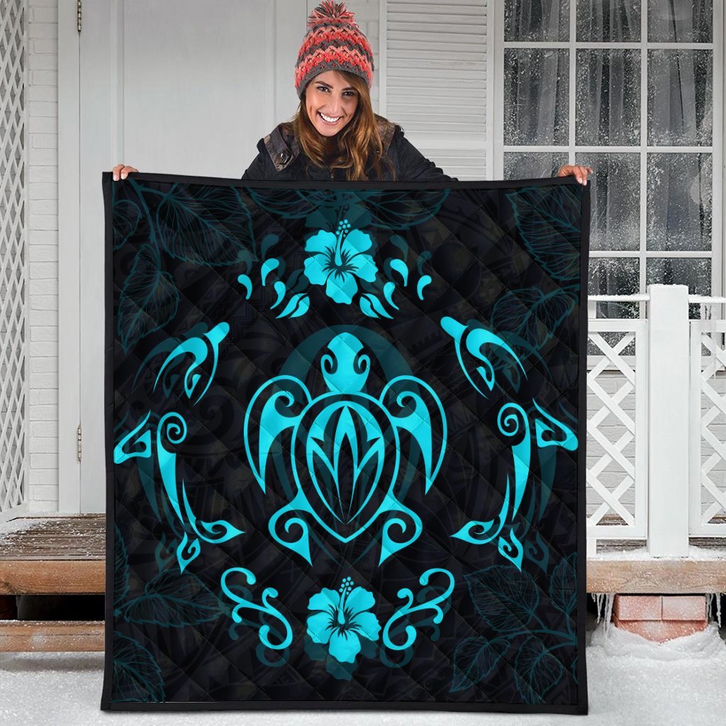 Hawaiian Map Turtle Dolphin With Plumeria Premium Quilts - AH - Polynesian Pride