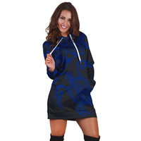 Hawaiian Map Turtle Hibiscus Kanaka Polynesian Hoodie Dress - Blue - AH - Polynesian Pride