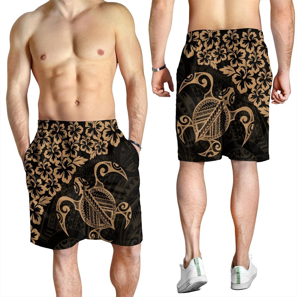 Hawaiian Map Turtle Hibiscus Kanaka Polynesian Men's Shorts - Gold - AH - Polynesian Pride