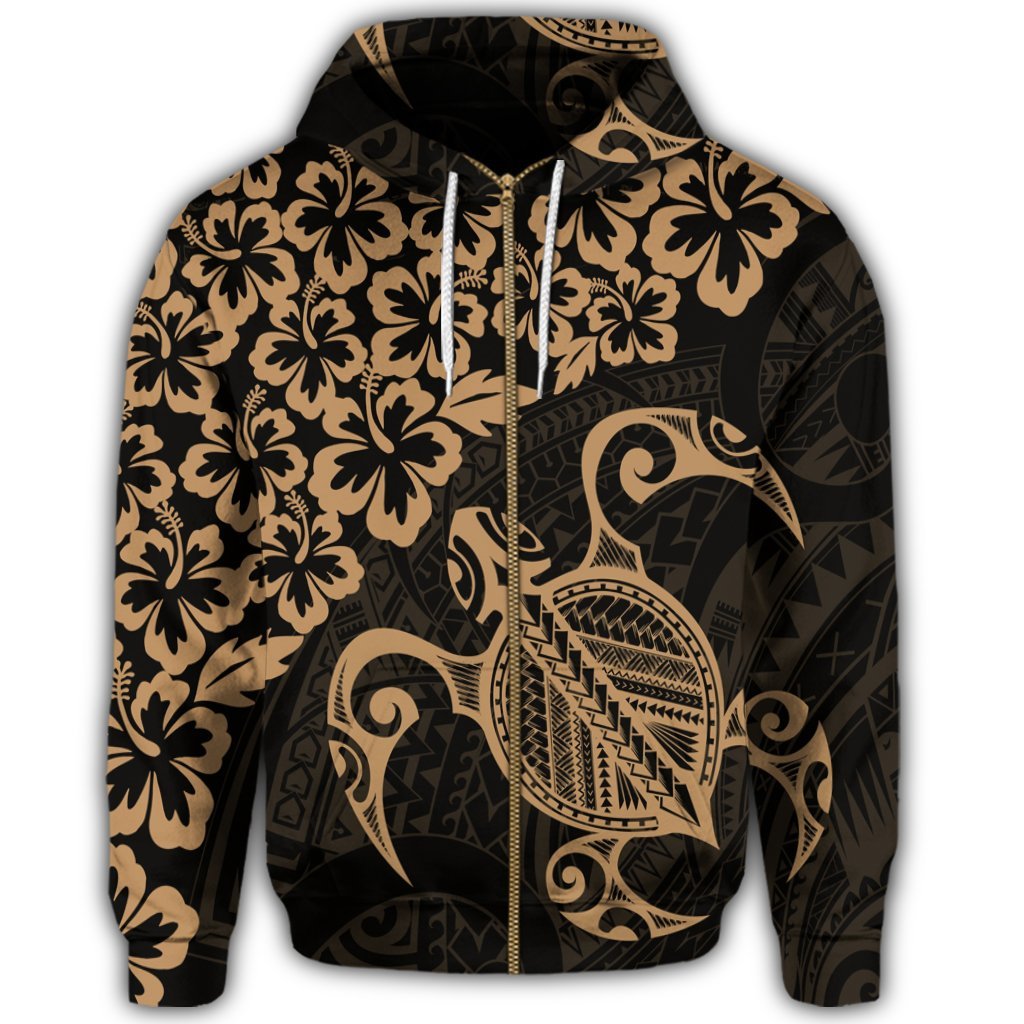 Hawaiian Map Turtle Hibiscus Kanaka Polynesian Zip Hoodie Gold - Polynesian Pride