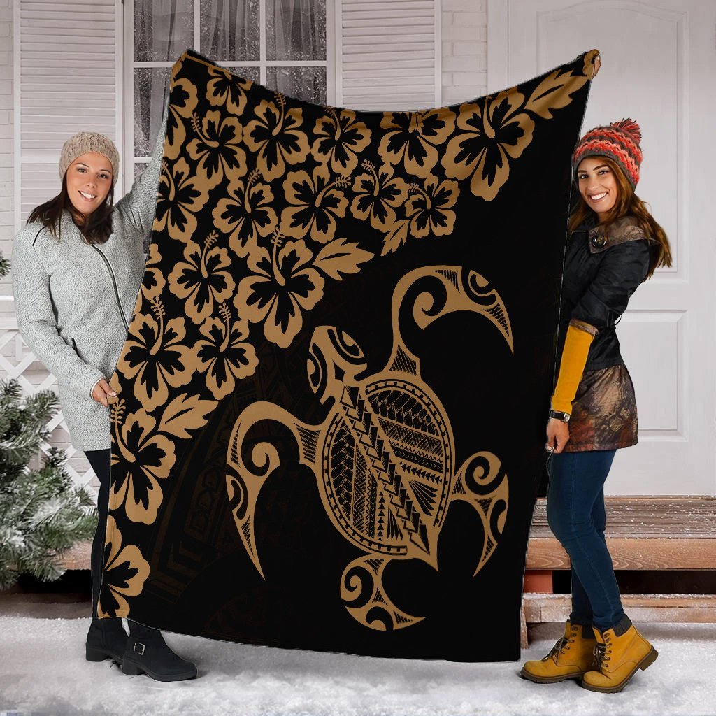 Hawaiian Map Turtle Hibiscus Kanaka Polynesian Premium Blankets - Gold - AH - Polynesian Pride