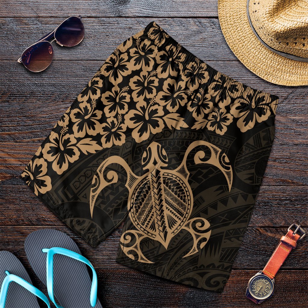 Hawaiian Map Turtle Hibiscus Kanaka Polynesian Men's Shorts - Gold - AH Art - Polynesian Pride