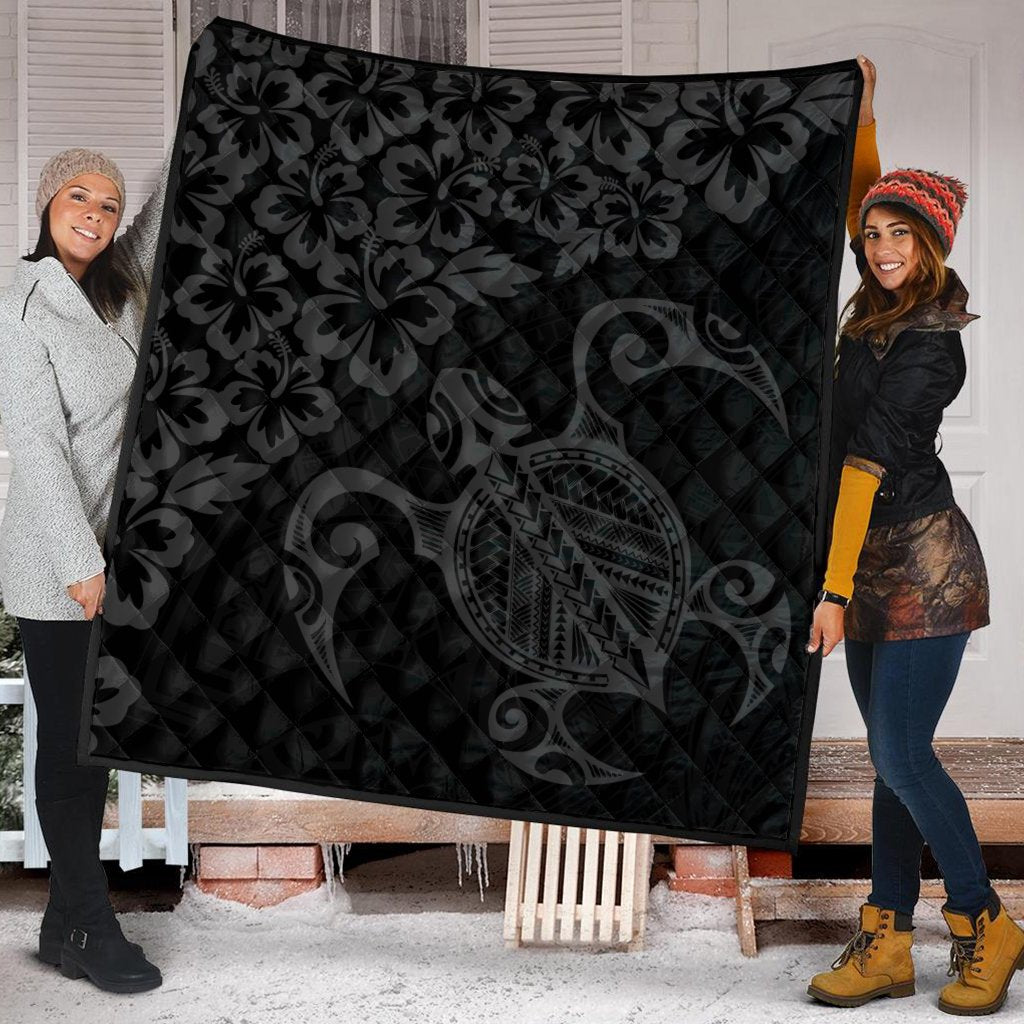 Hawaiian Map Turtle Hibiscus Kanaka Polynesian Premium Quilts - Gray - AH - Polynesian Pride