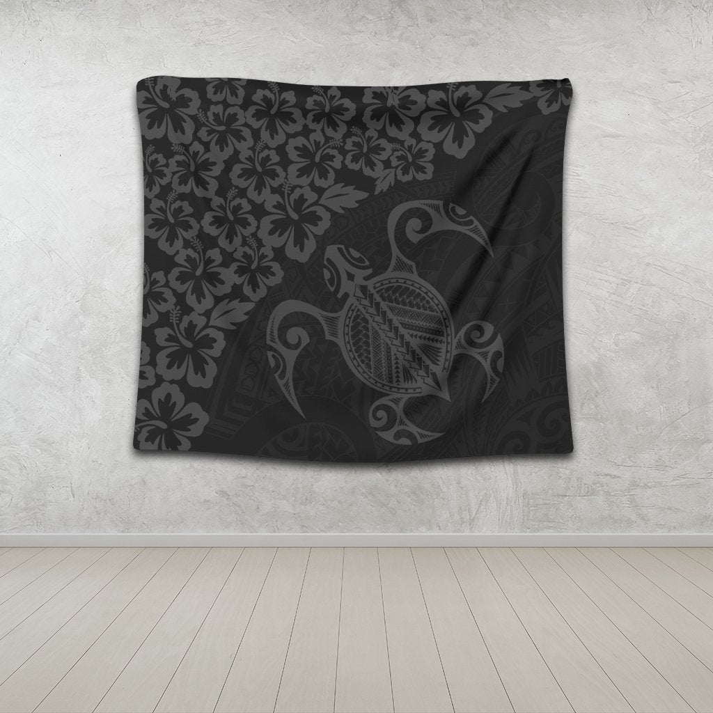 Hawaiian Map Turtle Hibiscus Kanaka Polynesian Tapestry - Gray - AH - Polynesian Pride