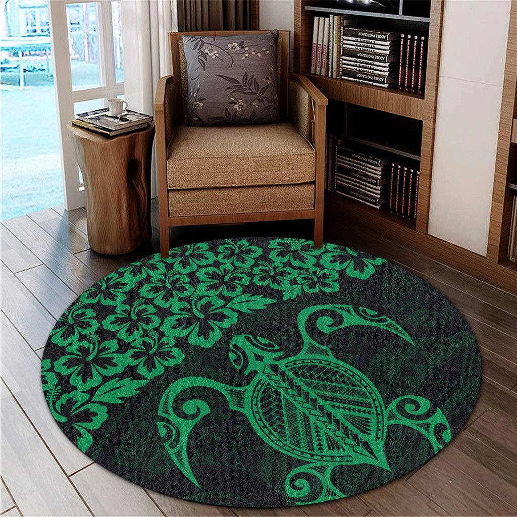 Hawaiian Map Turtle Hibiscus Kanaka Polynesian Round Carpet - Green - AH - Polynesian Pride
