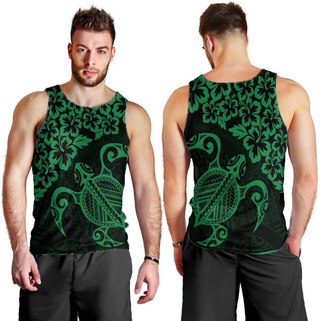 Hawaiian Map Turtle Hibiscus Kanaka Polynesian Tank Top - Green - AH - Polynesian Pride