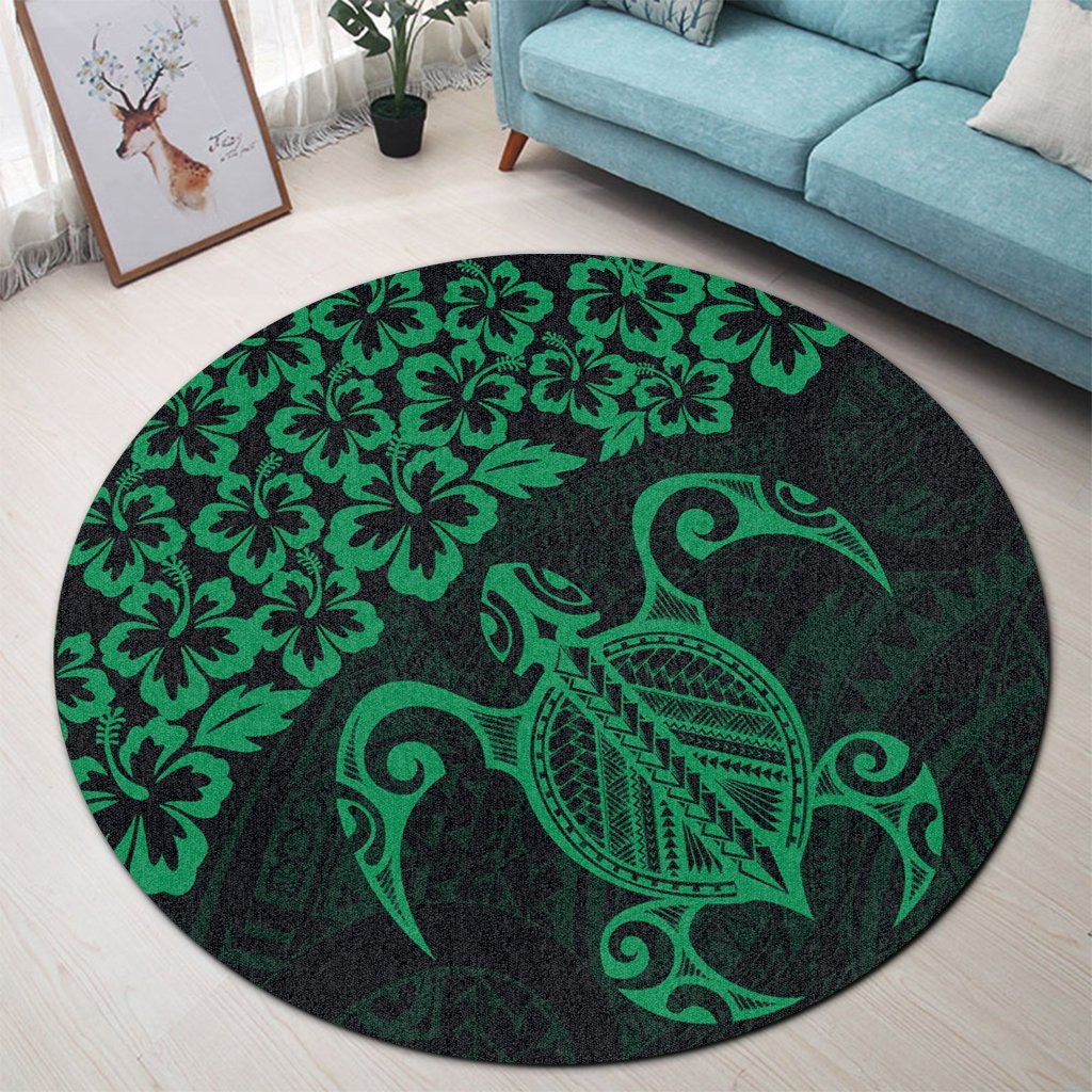 Hawaiian Map Turtle Hibiscus Kanaka Polynesian Round Carpet - Green - AH - Polynesian Pride