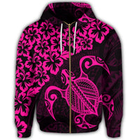 Hawaiian Map Turtle Hibiscus Kanaka Polynesian Zip Hoodie Pink - Polynesian Pride