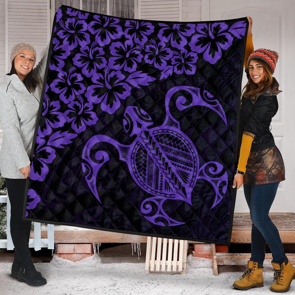 Hawaiian Map Turtle Hibiscus Kanaka Polynesian Premium Quilts - Purple - AH - Polynesian Pride