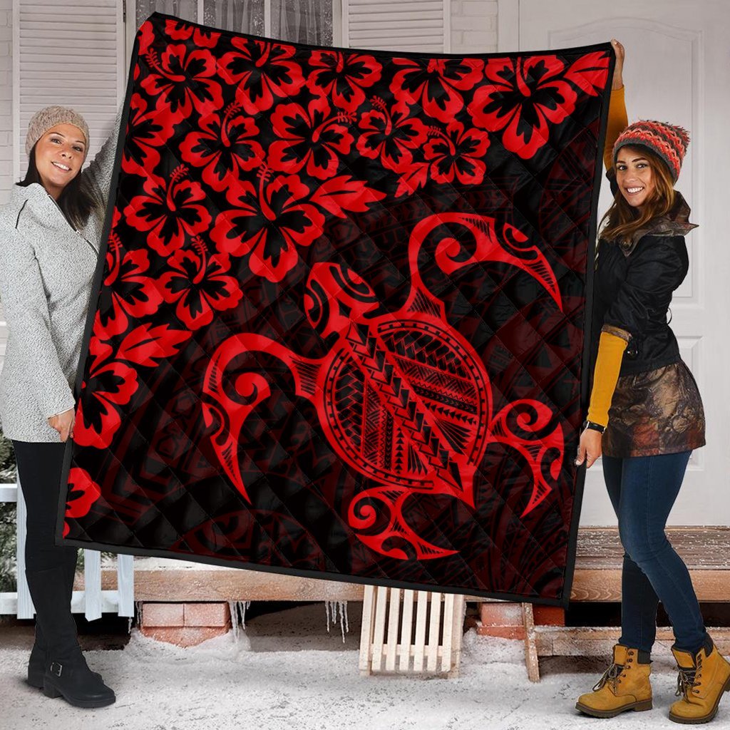 Hawaiian Map Turtle Hibiscus Kanaka Polynesian Premium Quilts - Red - AH - Polynesian Pride