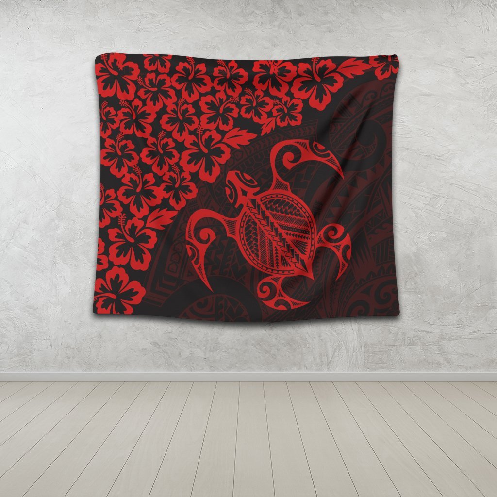 Hawaiian Map Turtle Hibiscus Kanaka Polynesian Tapestry - Red - AH - Polynesian Pride