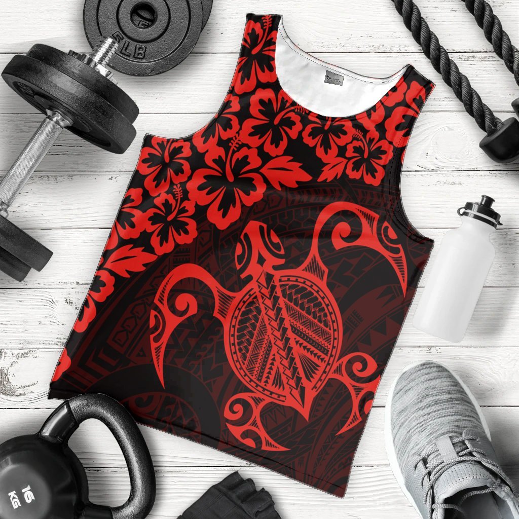 Hawaiian Map Turtle Hibiscus Kanaka Polynesian Tank Top - Red - AH - Polynesian Pride