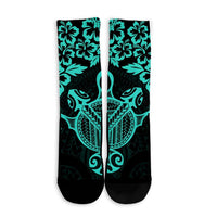 Hawaiian Map Turtle Hibiscus Kanaka Polynesian Crew Socks - Turquoise - AH - Polynesian Pride